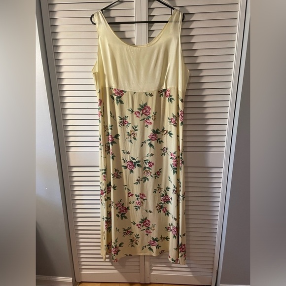 Vintage Maxi Satin Floral Dress Empire Waist Size XL Light Yellow Pink Green - Picture 8 of 15